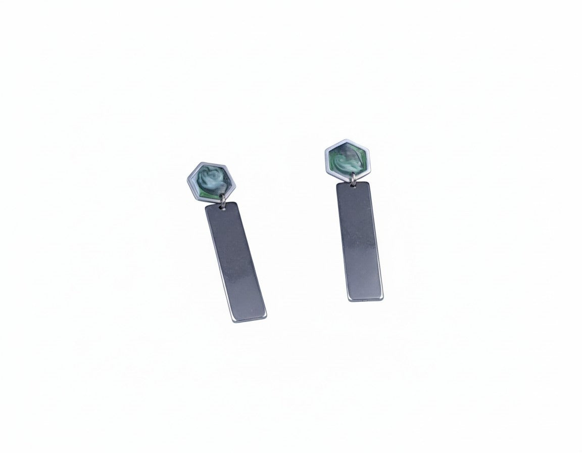 Oorringen, Zeshoek // Zilver - Groen - Wit