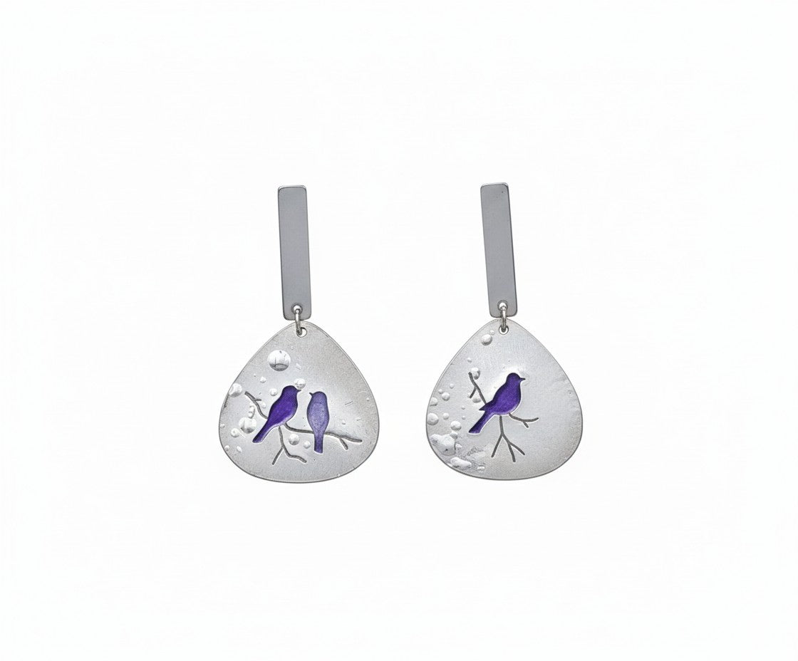 Oorringen, Vogel // Zilver - Paars