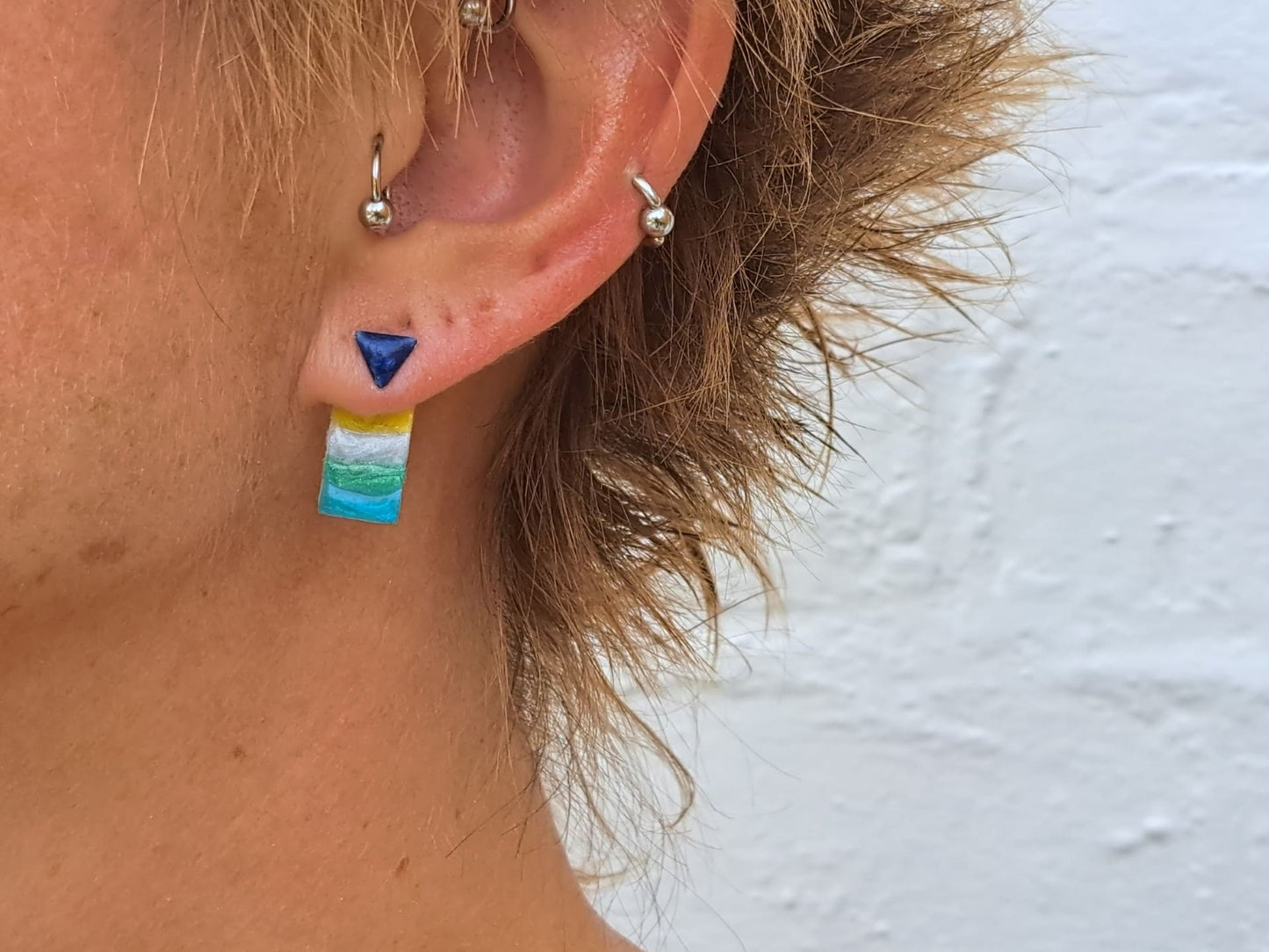 Oorringen Rechthoek, deel achter de lel // blauw - geel - groen - wit