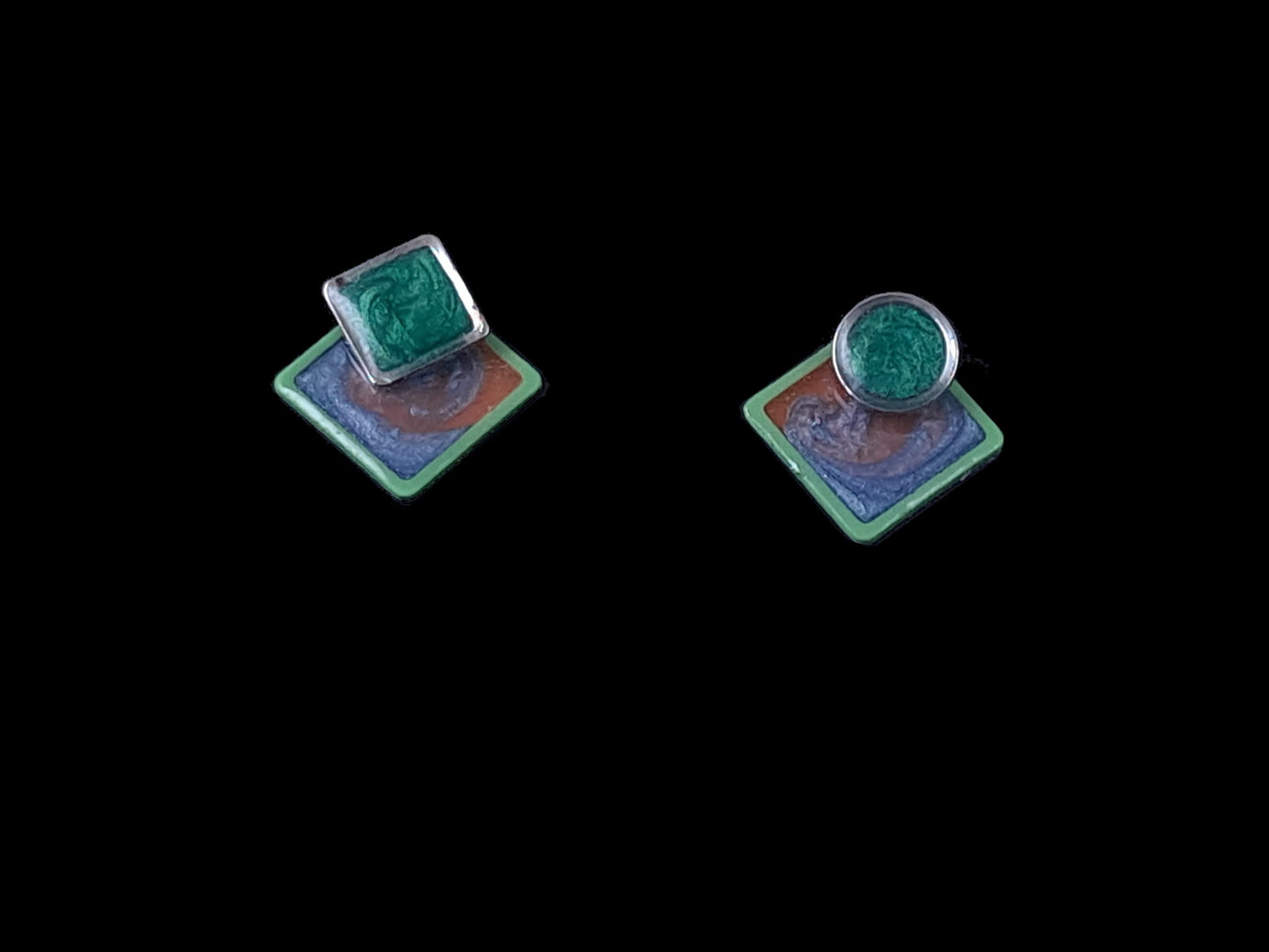 Oorringen deel achter de lel, Vierkant// zilver - blauw - groen - oranje