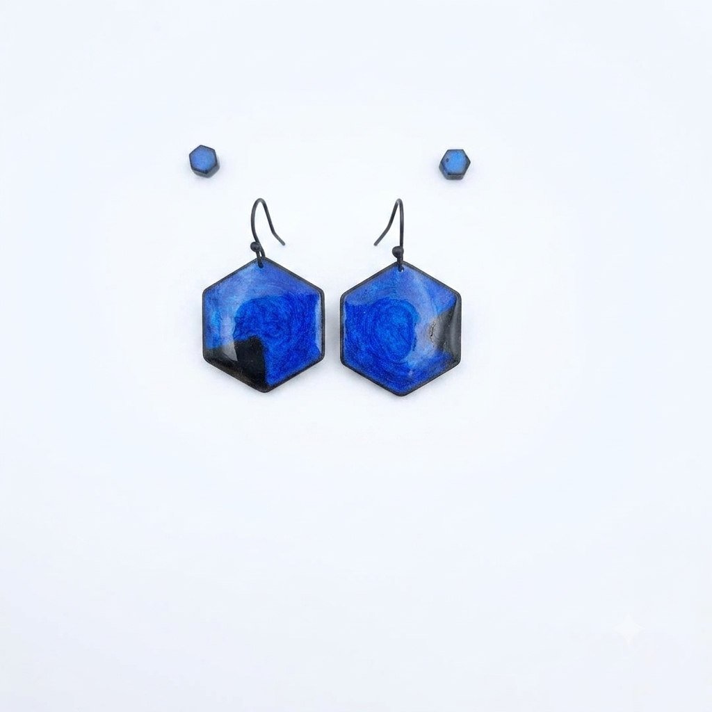Oorringen, Zeshoek // zwart - blauw