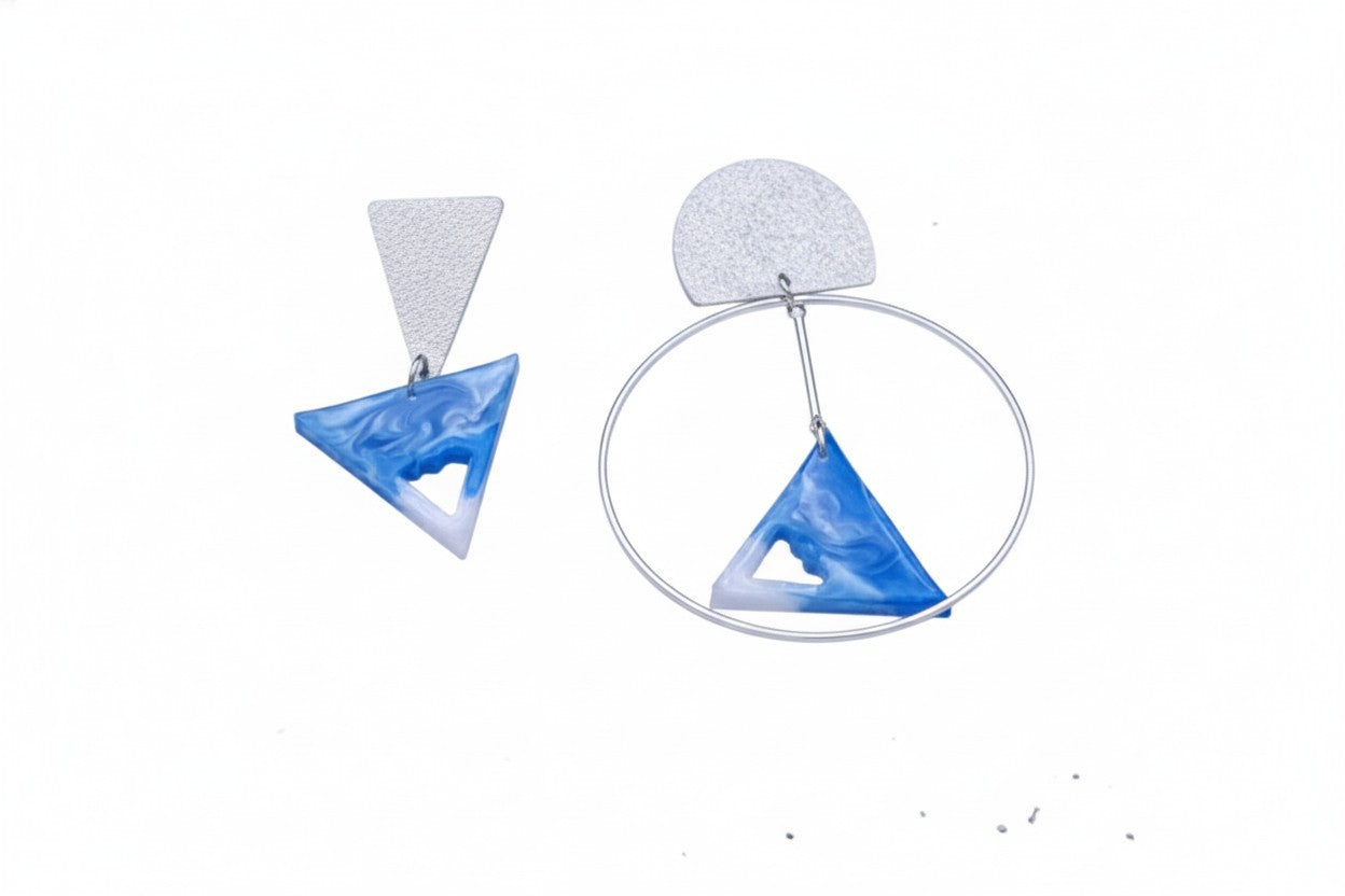 Oorringen, Driehoek // Zilver - Blauw - Wit