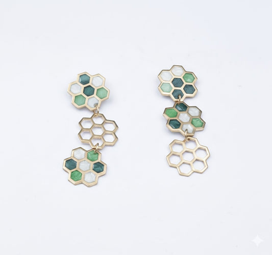 Oorringen, Honingraat // Goud - Groen - Wit