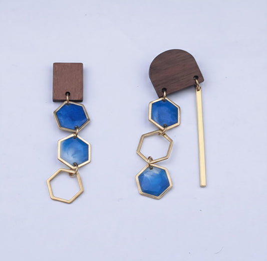 Oorringen, Zeshoek // Goud - Blauw - Hout