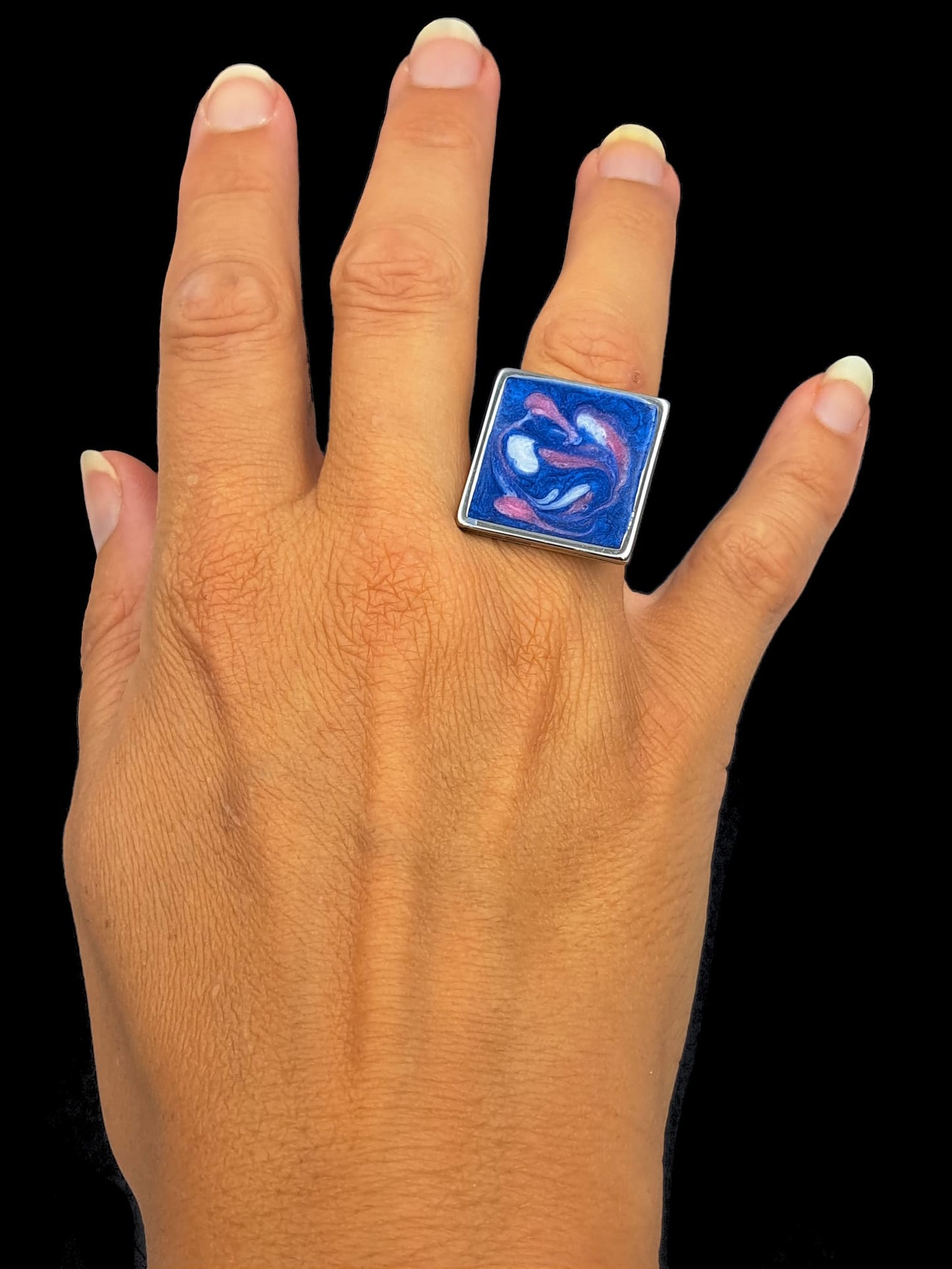 Ring Vierkant // zilver - blauw - roze - wit