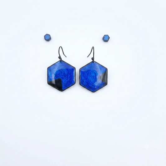 Oorringen, Zeshoek // zwart - blauw